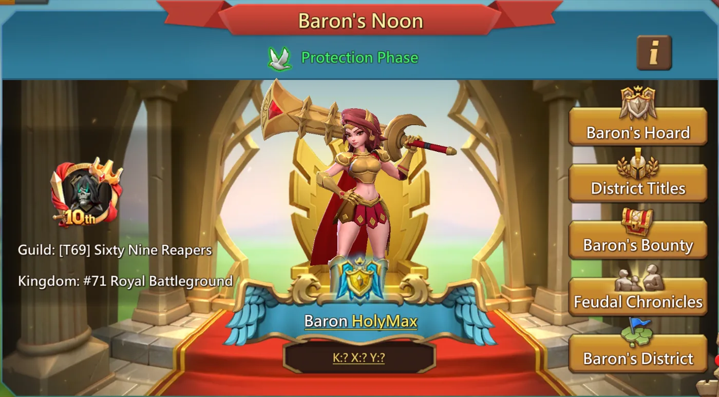 Koruma aşamasındaki Baron's Noon ekranı, [T69] Sixty Nine Reapers loncasından Baron HolyMax'i gösteriyor